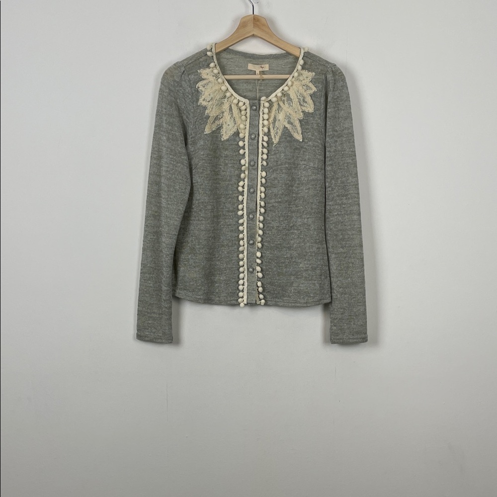 RYU Pom Pom Button Down Women's L Gray Cardigan Sweater Cream Lace Embroidery